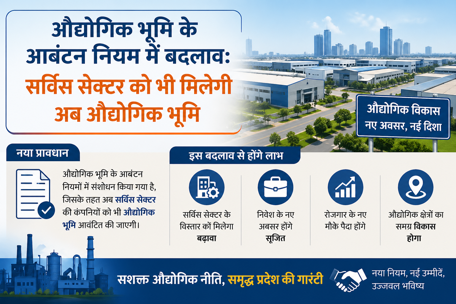 You are currently viewing औद्योगिक भूमि के आबंटन नियम में बदलाव: सर्विस सेक्टर को भी मिलेगी अब औद्योगिक भूमि